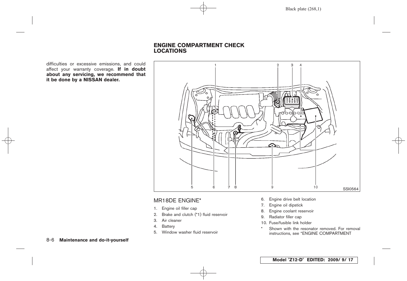Engine compartment check locations -6, Mr18de engine -6 | NISSAN 2010 Cube - Owner's Manual User Manual | Page 264 / 329