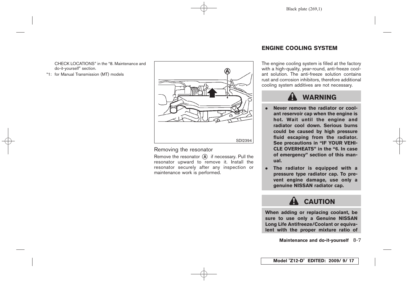 Engine cooling system -7, Warning, Caution | NISSAN 2010 Cube - Owner's Manual User Manual | Page 265 / 329