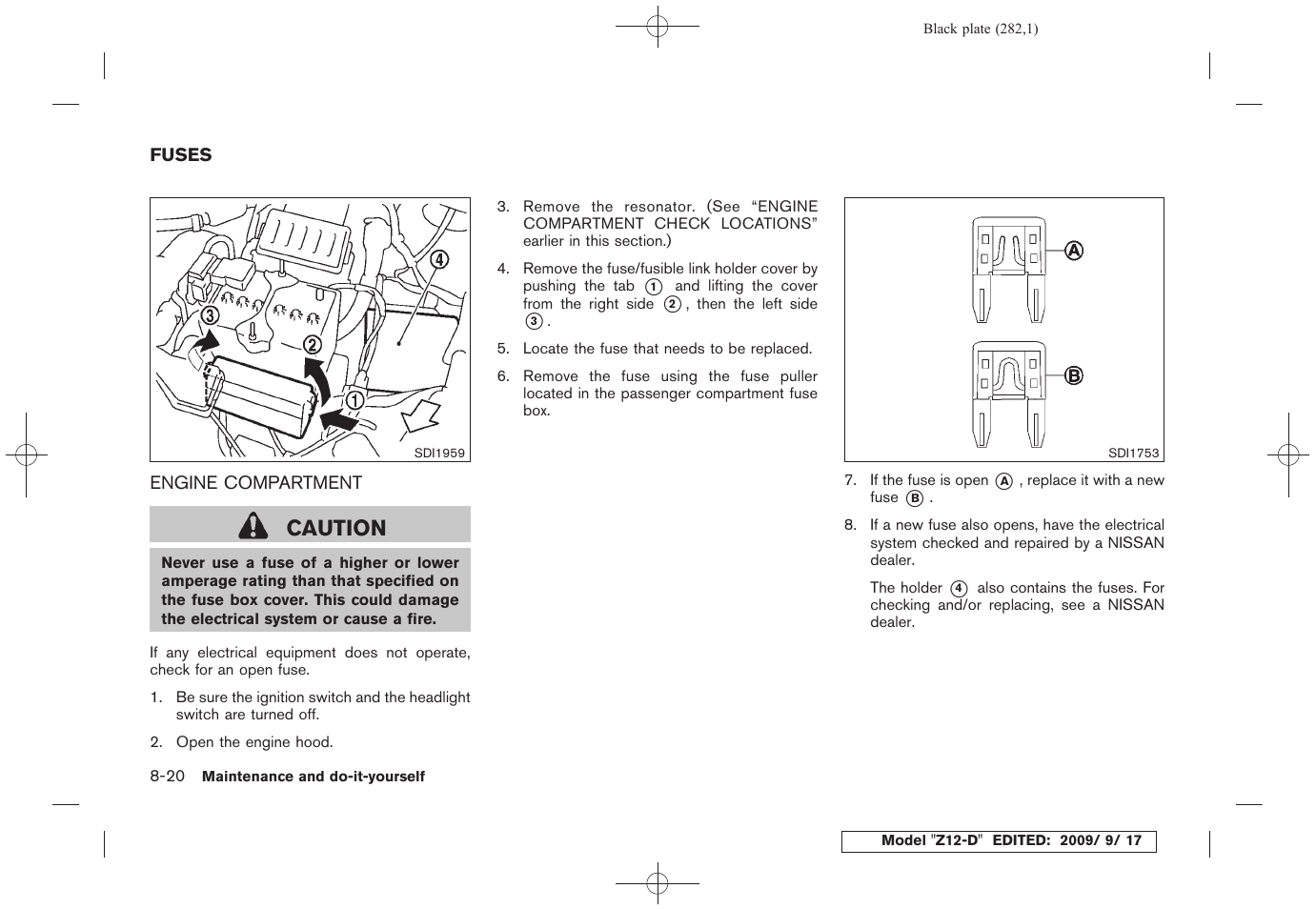 Fuses -20, Engine compartment -20, Caution | NISSAN 2010 Cube - Owner's Manual User Manual | Page 278 / 329