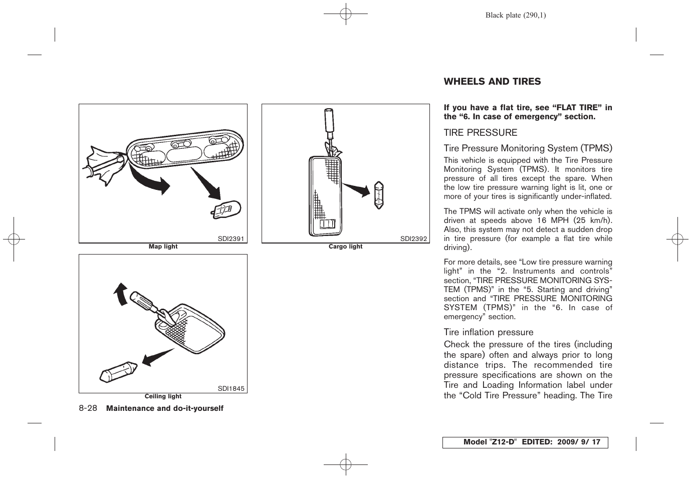 Wheels and tires -28, Tire pressure -28 | NISSAN 2010 Cube - Owner's Manual User Manual | Page 286 / 329