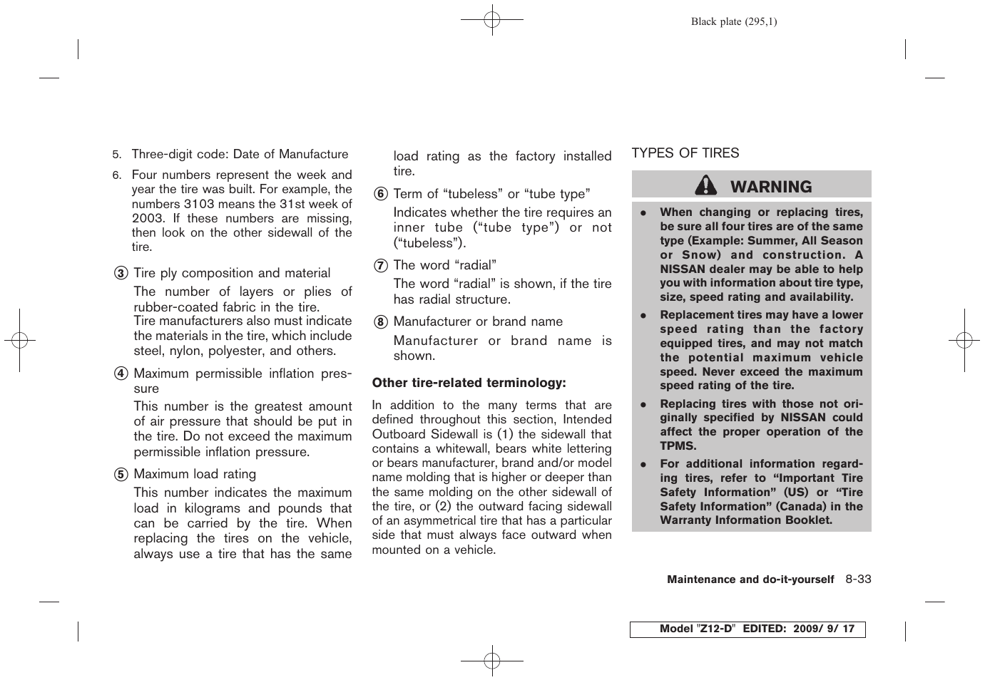 Types of tires -33, Warning | NISSAN 2010 Cube - Owner's Manual User Manual | Page 291 / 329