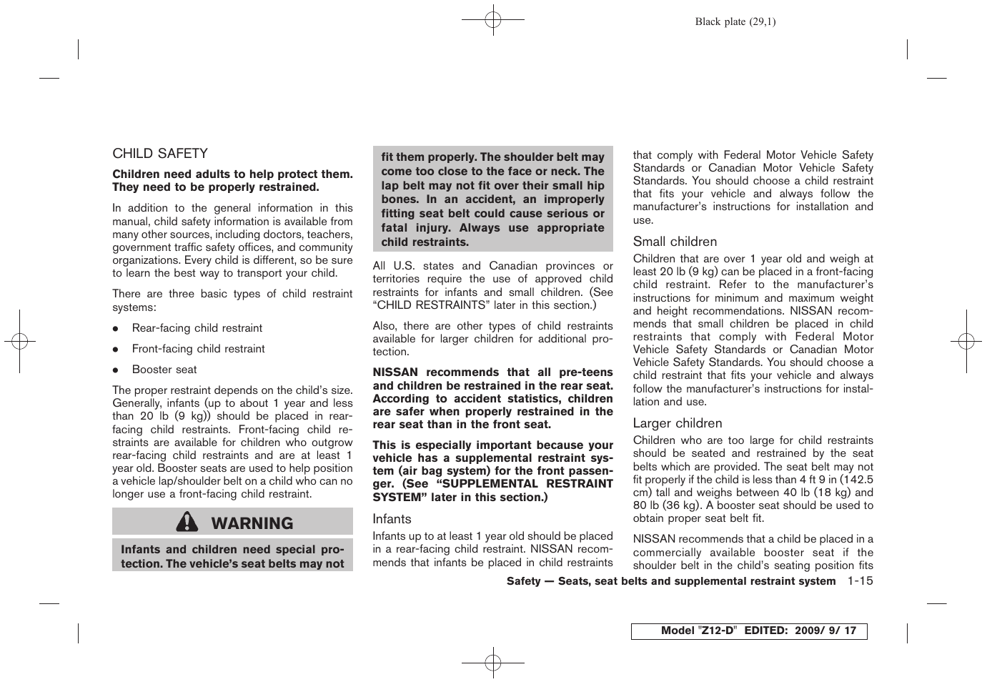 Child safety -15, Warning | NISSAN 2010 Cube - Owner's Manual User Manual | Page 31 / 329