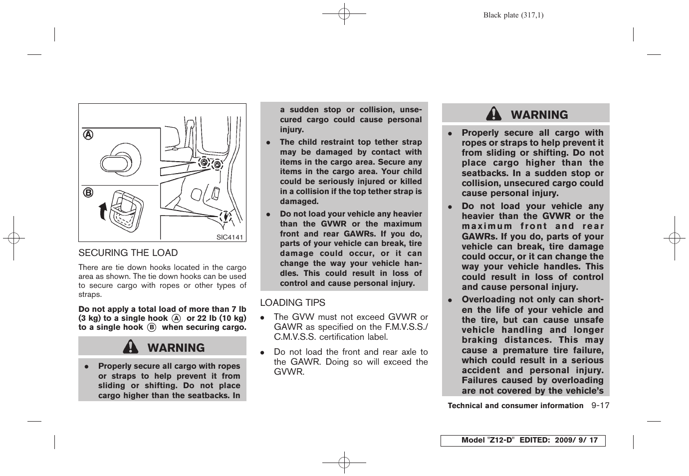 Securing the load -17 loading tips -17, Warning | NISSAN 2010 Cube - Owner's Manual User Manual | Page 313 / 329