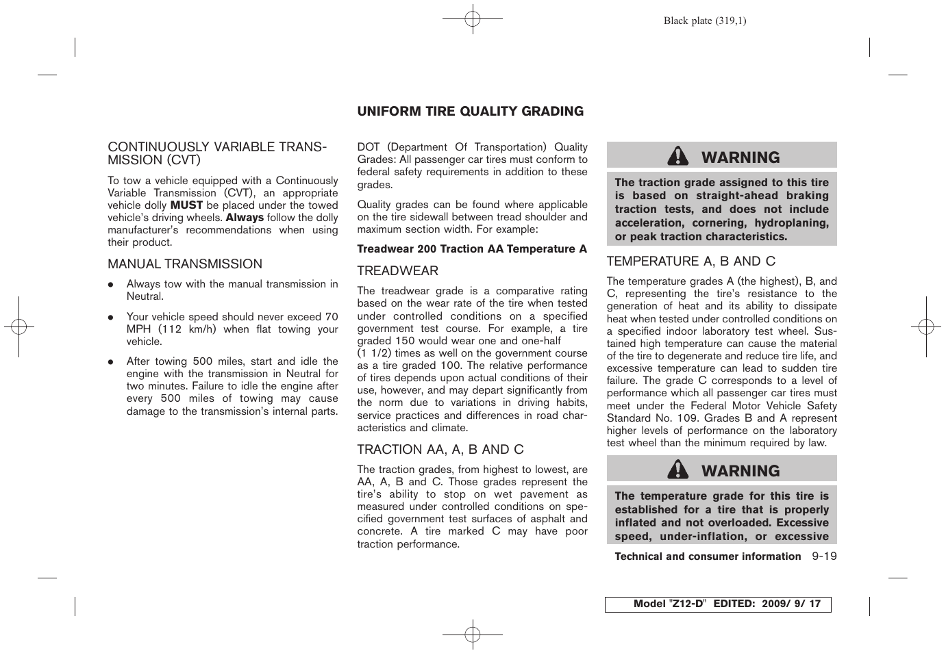 Uniform tire quality grading -19, Warning | NISSAN 2010 Cube - Owner's Manual User Manual | Page 315 / 329