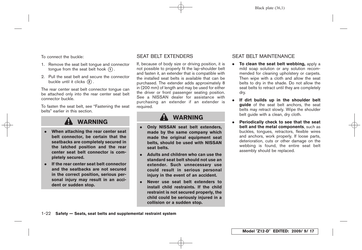 Seat belt extenders -22 seat belt maintenance -22, Warning | NISSAN 2010 Cube - Owner's Manual User Manual | Page 38 / 329