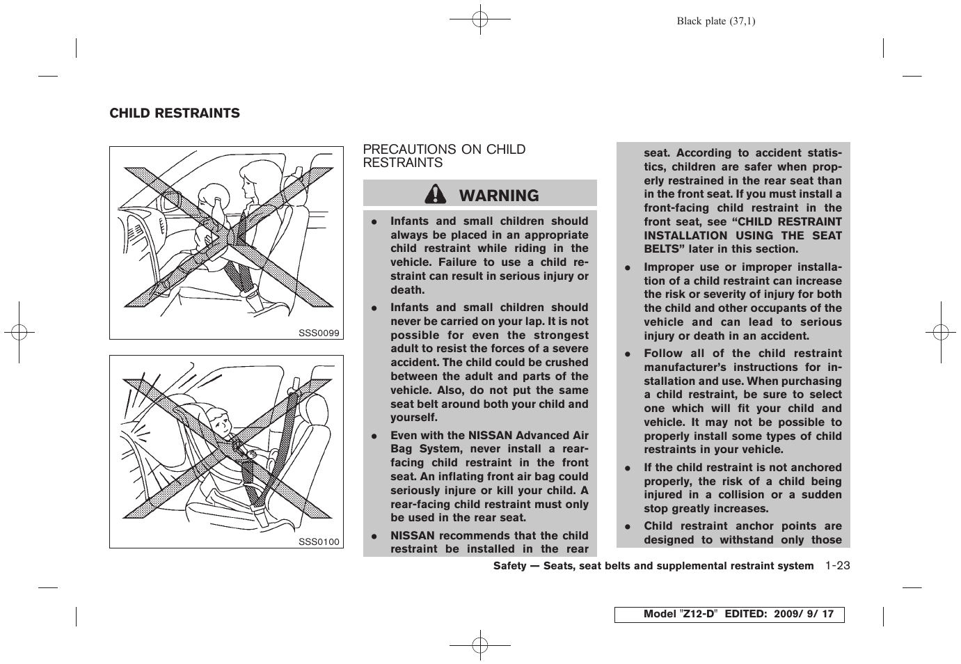 Child restraints -23, Precautions on child restraints -23, Warning | NISSAN 2010 Cube - Owner's Manual User Manual | Page 39 / 329