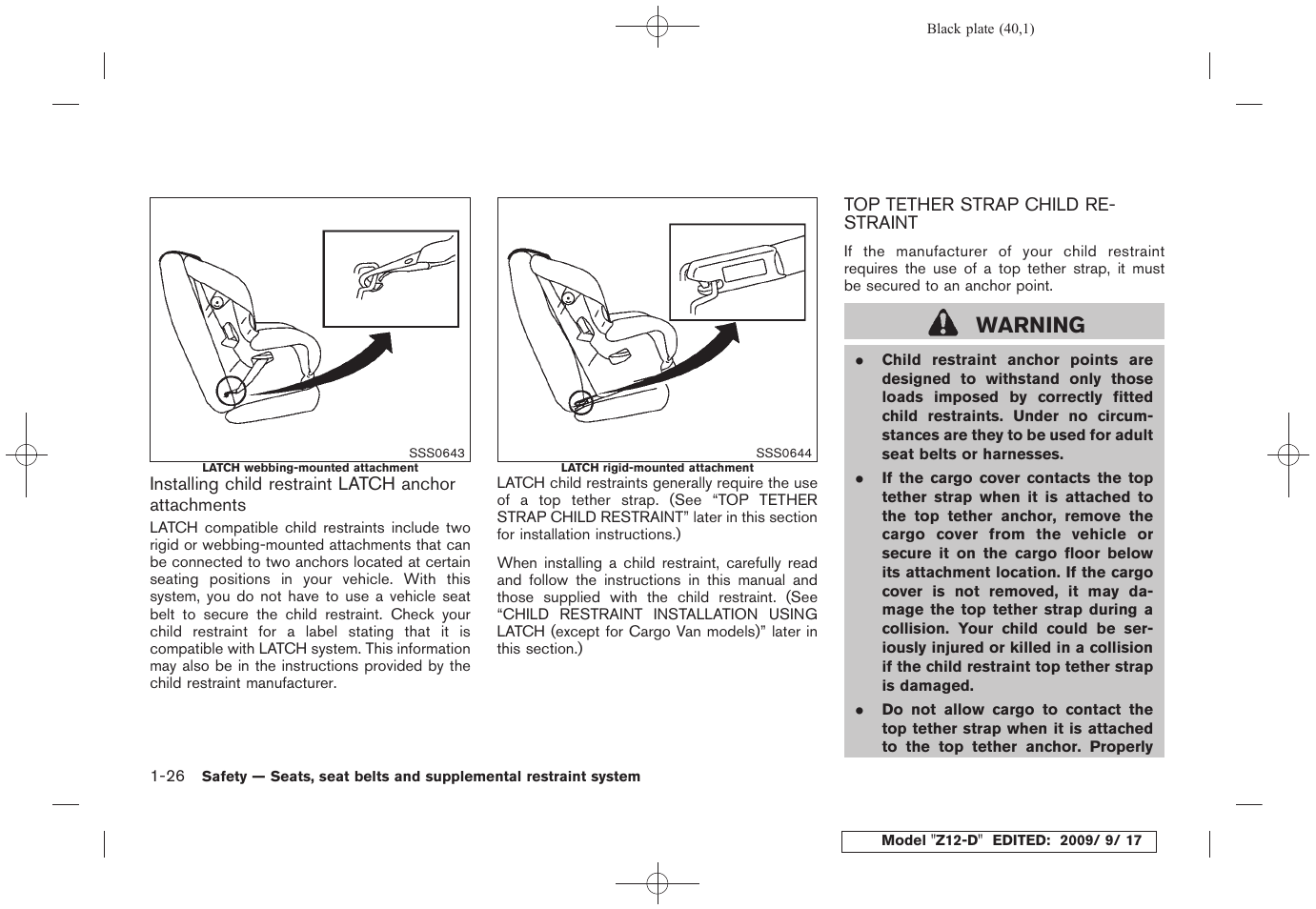 Top tether strap child restraint -26, Warning | NISSAN 2010 Cube - Owner's Manual User Manual | Page 42 / 329