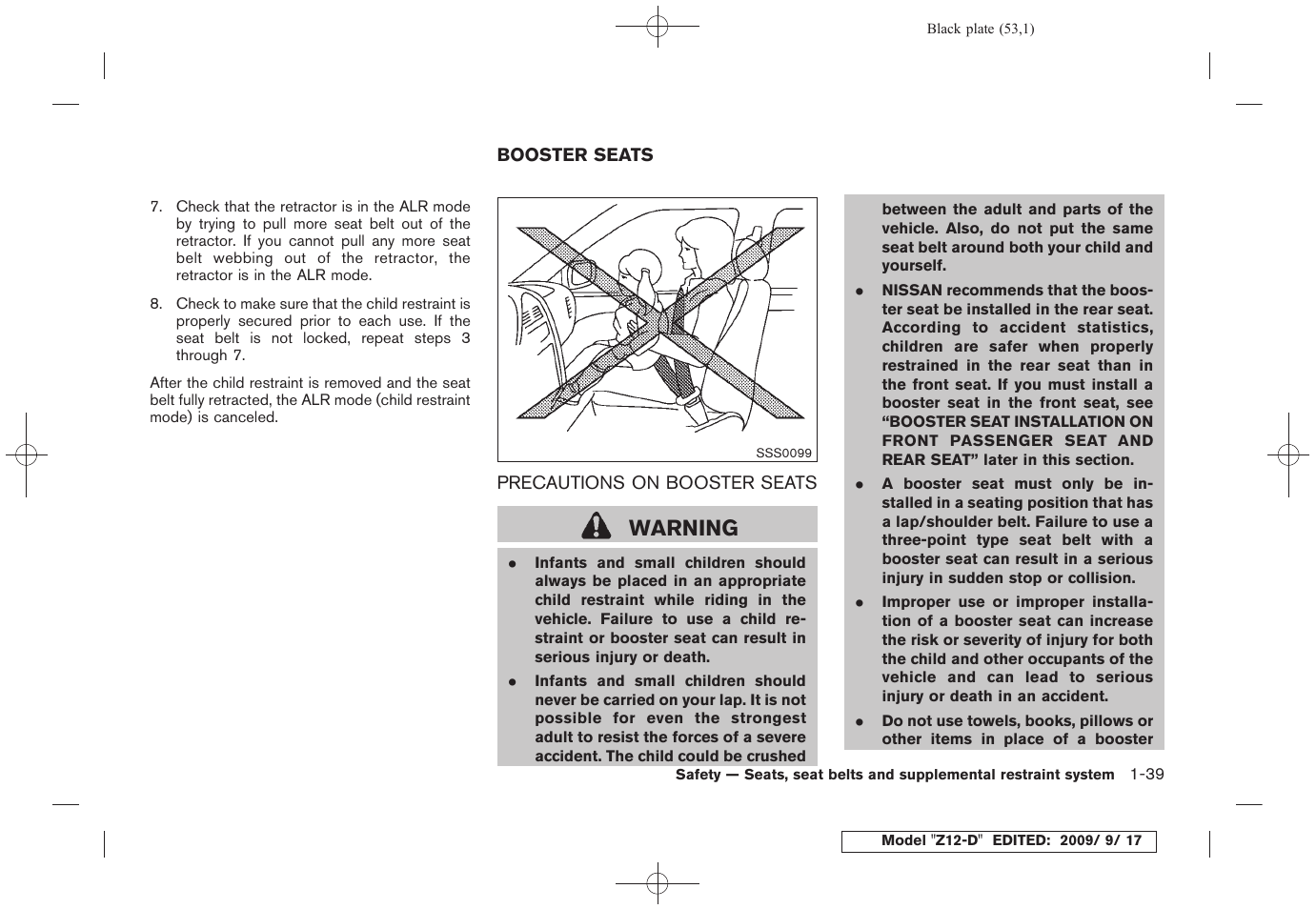 Booster seats -39, Precautions on booster seats -39, Warning | NISSAN 2010 Cube - Owner's Manual User Manual | Page 55 / 329