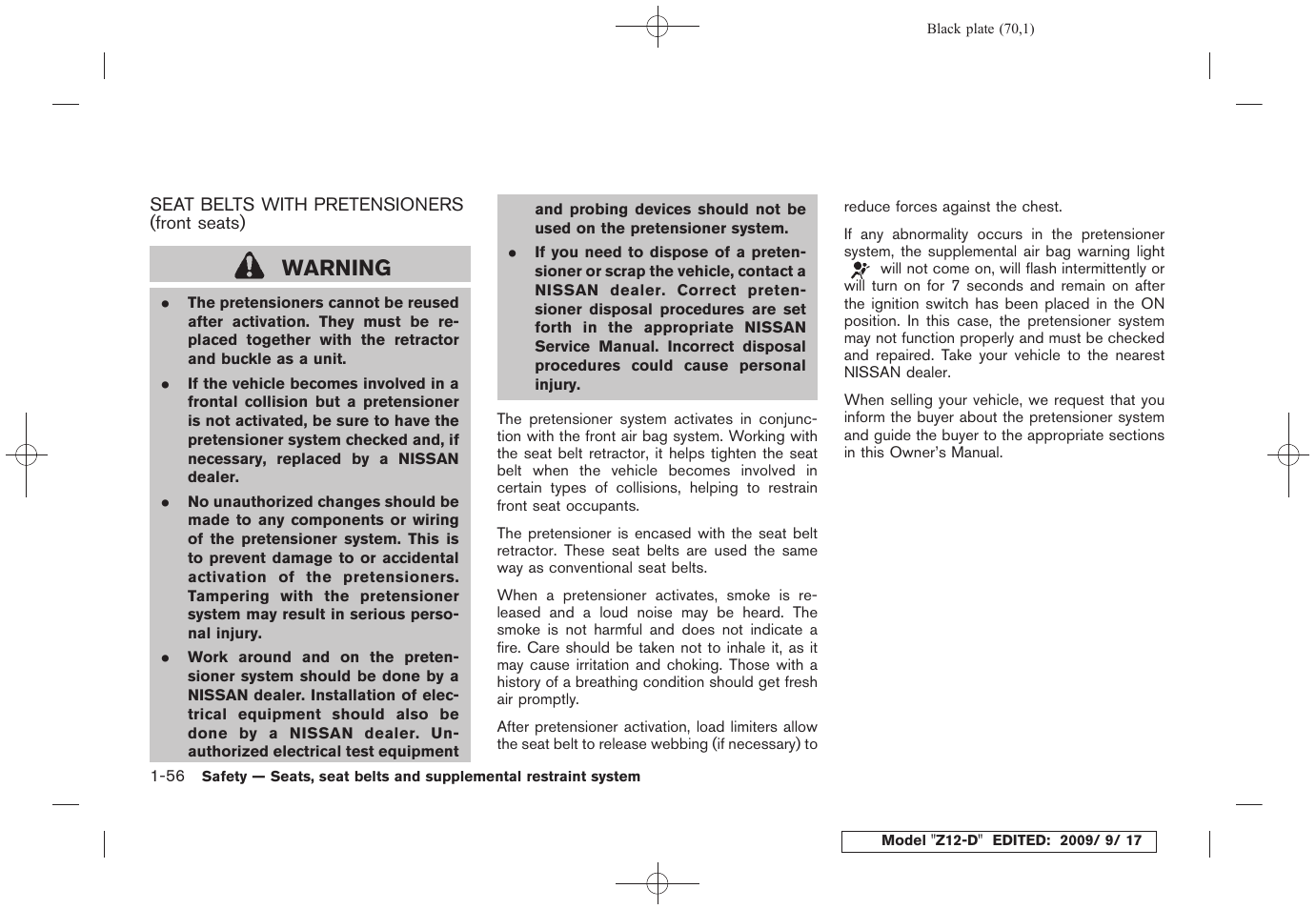 Seat belts with pretensioners (front seats) -56, Warning | NISSAN 2010 Cube - Owner's Manual User Manual | Page 72 / 329