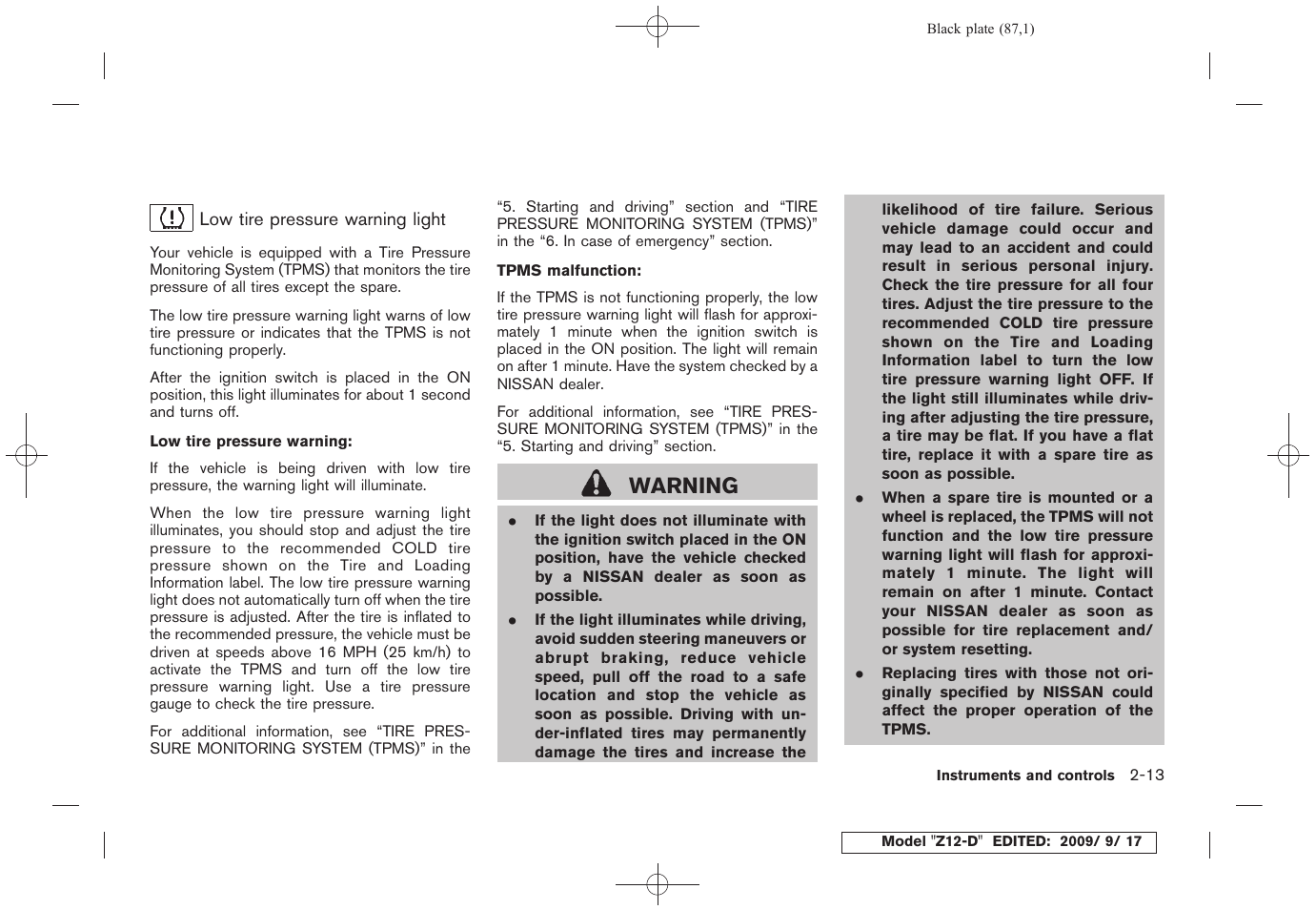 Warning | NISSAN 2010 Cube - Owner's Manual User Manual | Page 87 / 329