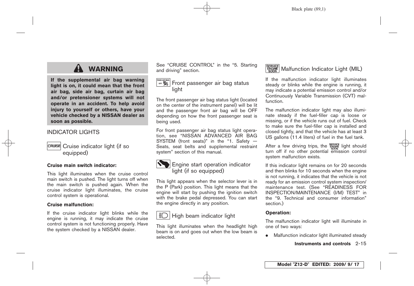 Indicator lights -15, Warning | NISSAN 2010 Cube - Owner's Manual User Manual | Page 89 / 329