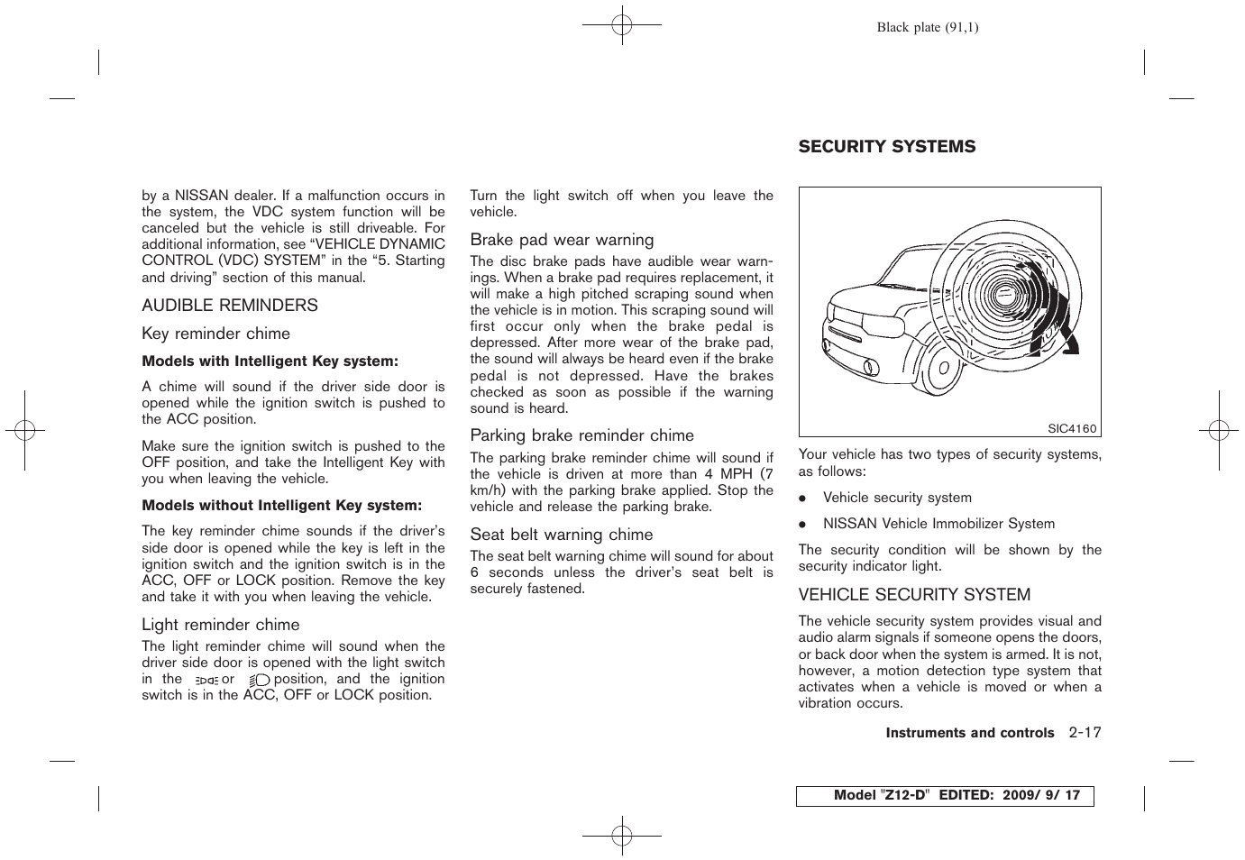 Audible reminders -17, Security systems -17, Vehicle security system -17 | NISSAN 2010 Cube - Owner's Manual User Manual | Page 91 / 329