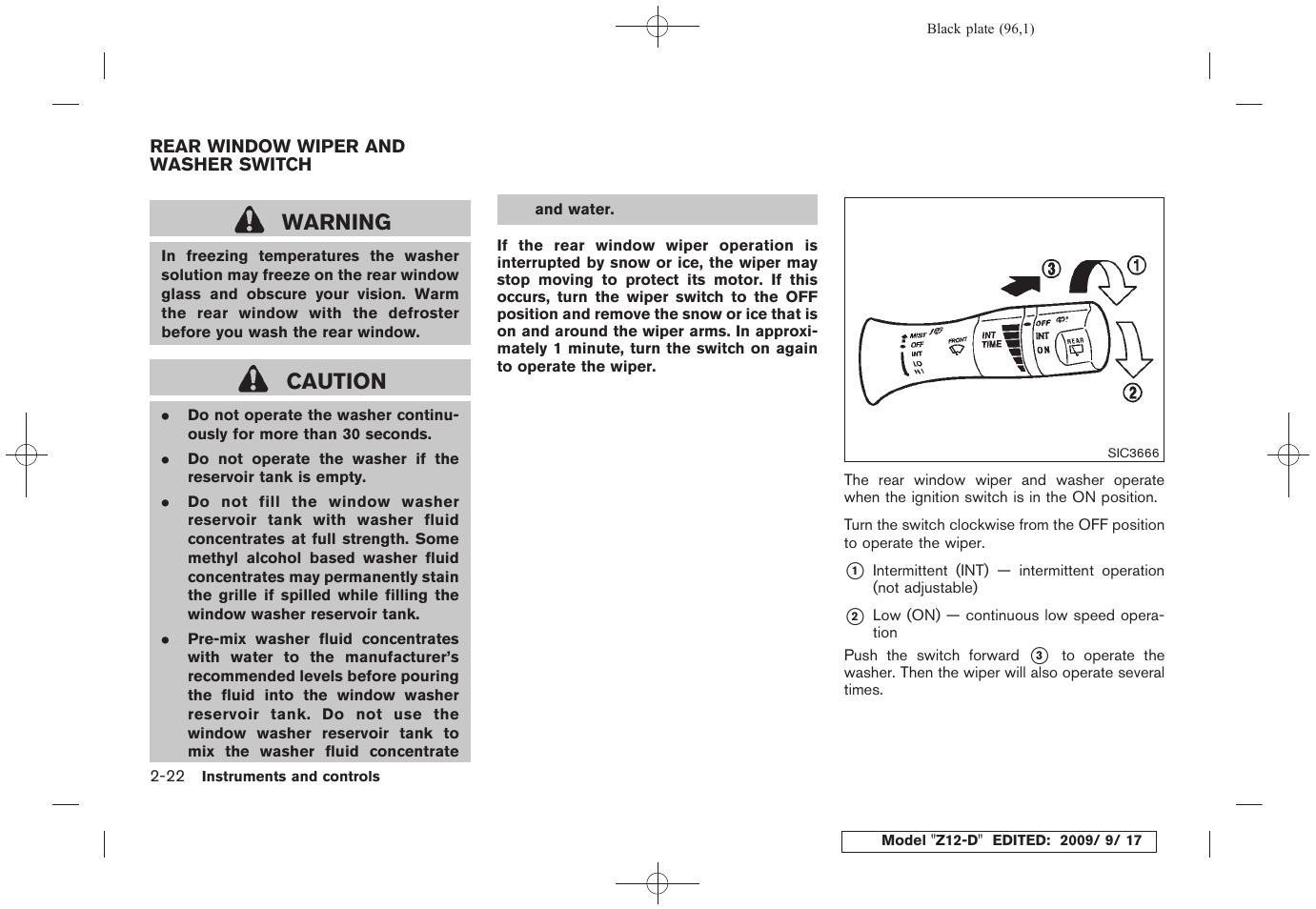 Rear window wiper and washer switch -22, Warning, Caution | NISSAN 2010 Cube - Owner's Manual User Manual | Page 96 / 329
