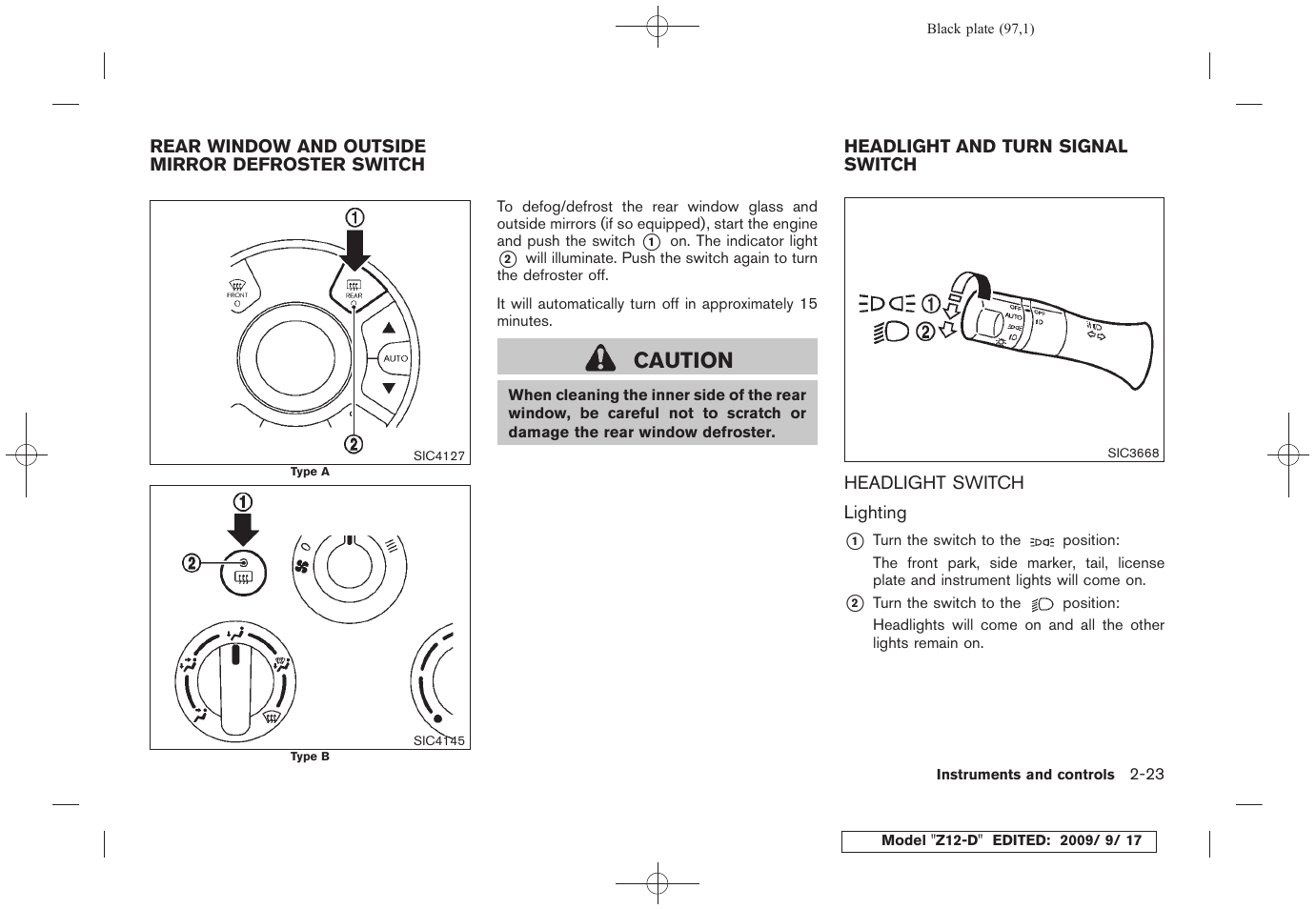 Headlight and turn signal switch -23, Headlight switch -23, Caution | NISSAN 2010 Cube - Owner's Manual User Manual | Page 97 / 329