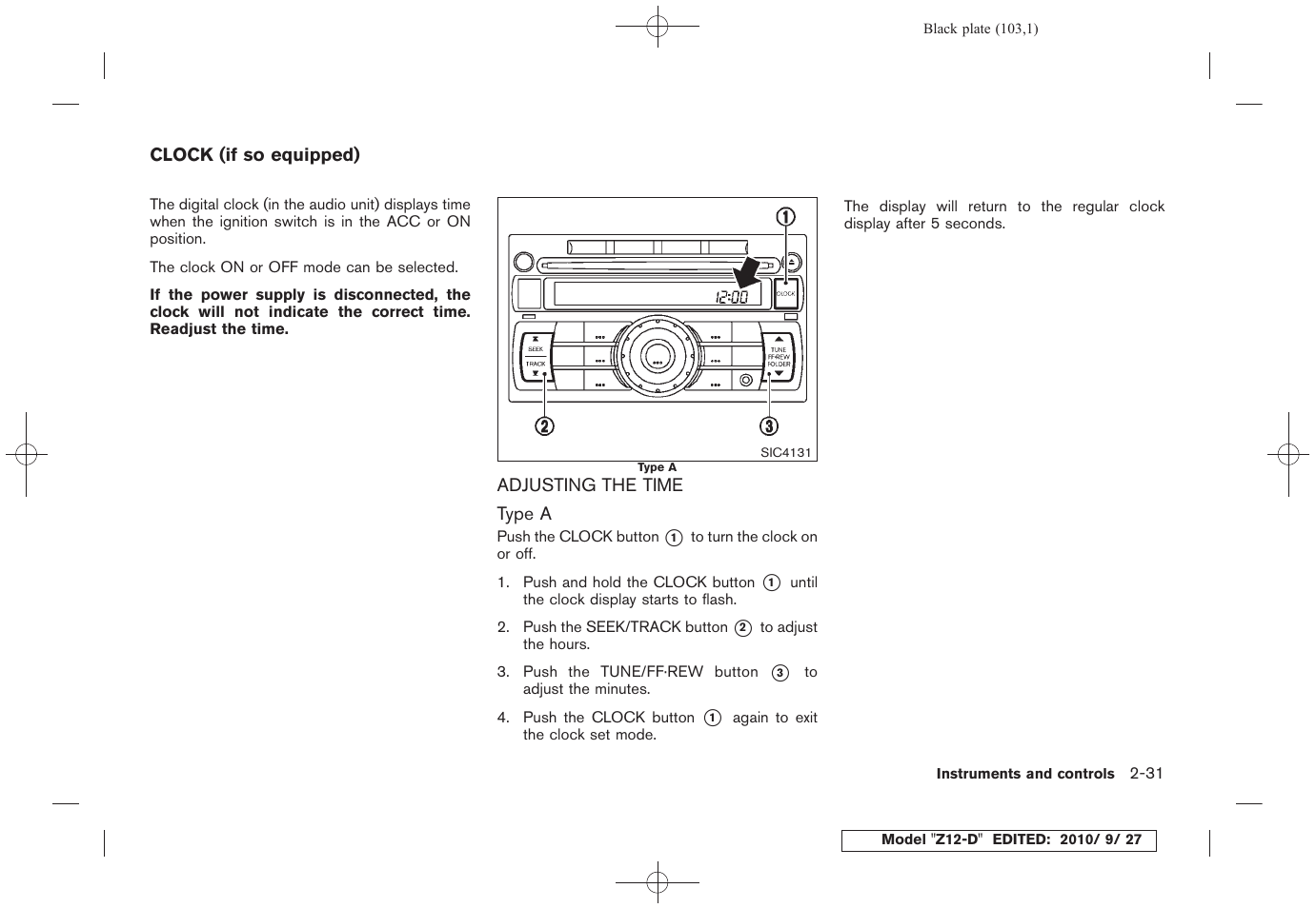 Clock (if so equipped) -31, Adjusting the time -31 | NISSAN 2011 Cube - Owner's Manual User Manual | Page 105 / 345