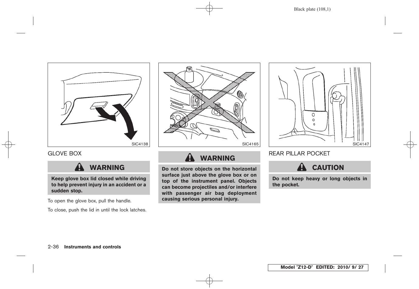 Glove box -36 rear pillar pocket -36, Warning, Caution | NISSAN 2011 Cube - Owner's Manual User Manual | Page 110 / 345