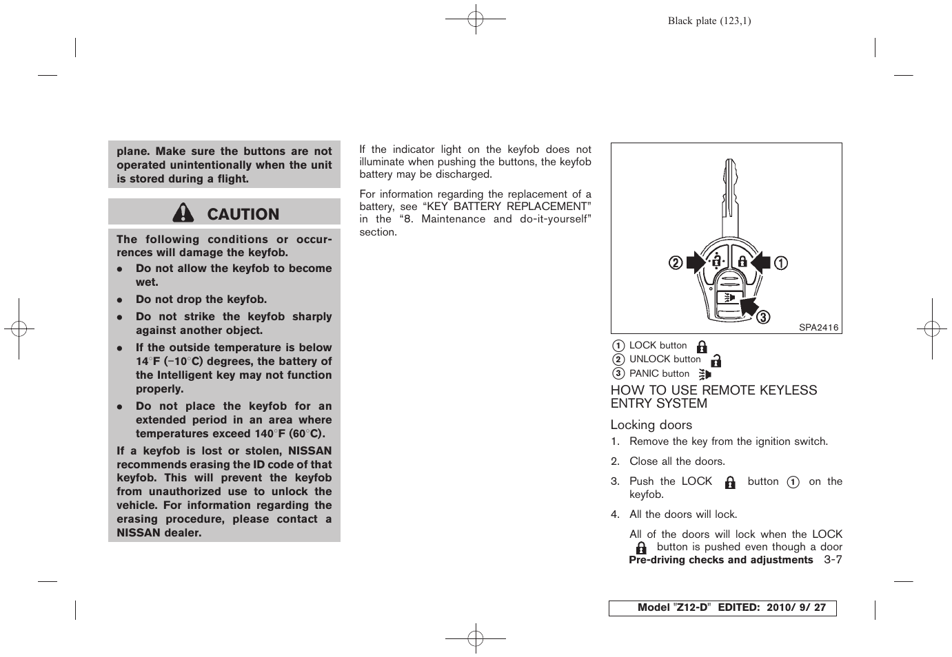 How to use remote keyless entry system -7, Caution | NISSAN 2011 Cube - Owner's Manual User Manual | Page 125 / 345