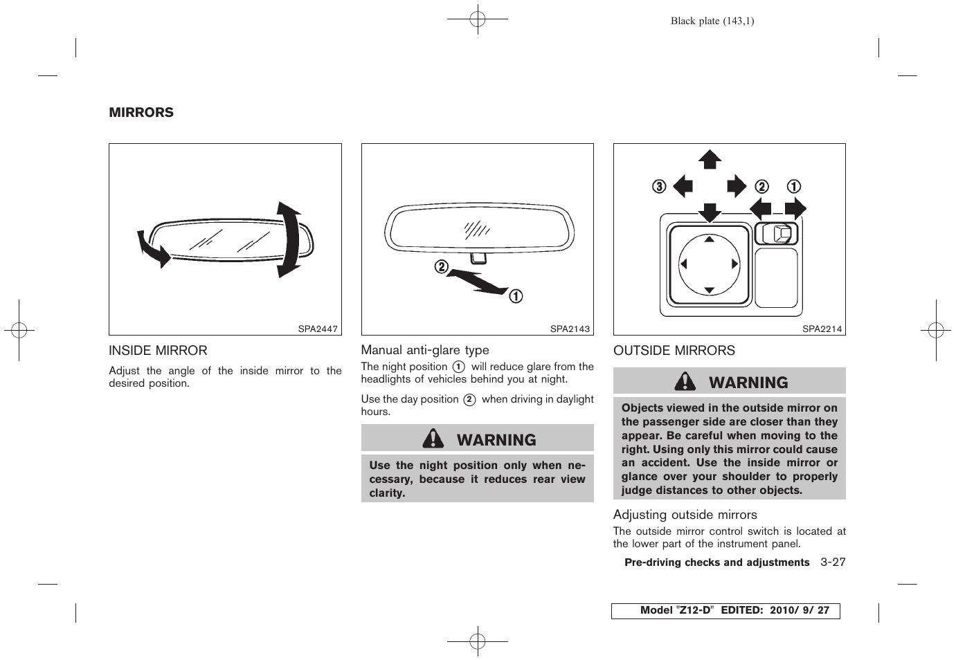 Mirrors -27, Inside mirror -27 outside mirrors -27, Warning | NISSAN 2011 Cube - Owner's Manual User Manual | Page 145 / 345