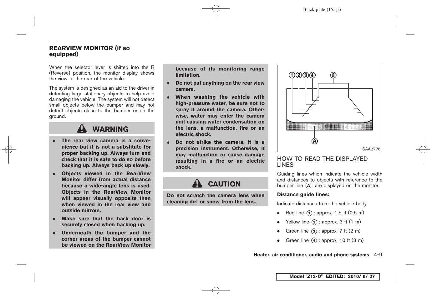 Rearview monitor (if so equipped) -9, How to read the displayed lines -9, Warning | Caution | NISSAN 2011 Cube - Owner's Manual User Manual | Page 157 / 345