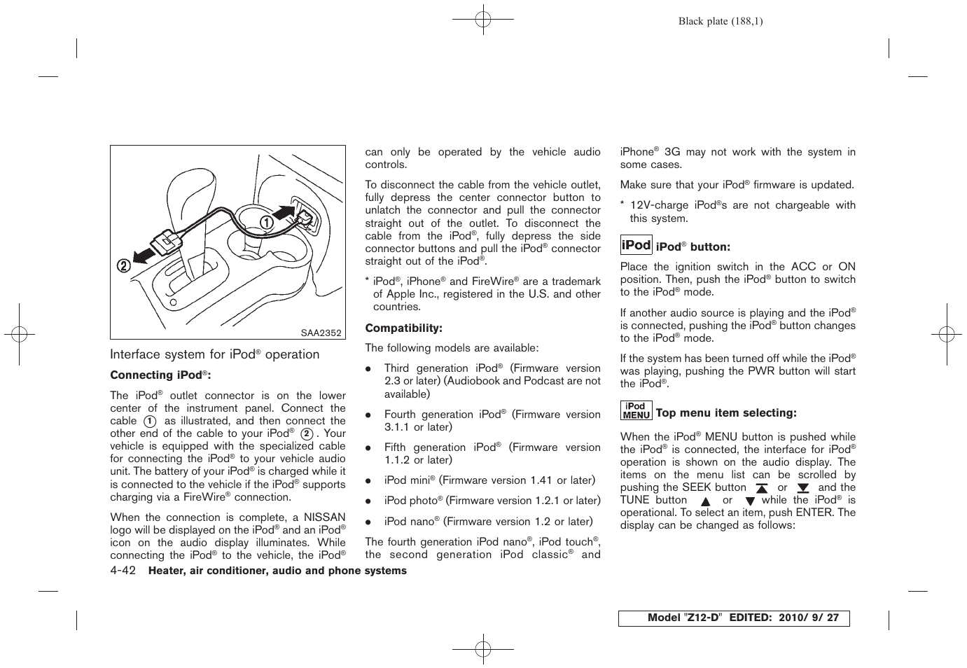 Interface system for ipod, Operation | NISSAN 2011 Cube - Owner's Manual User Manual | Page 190 / 345