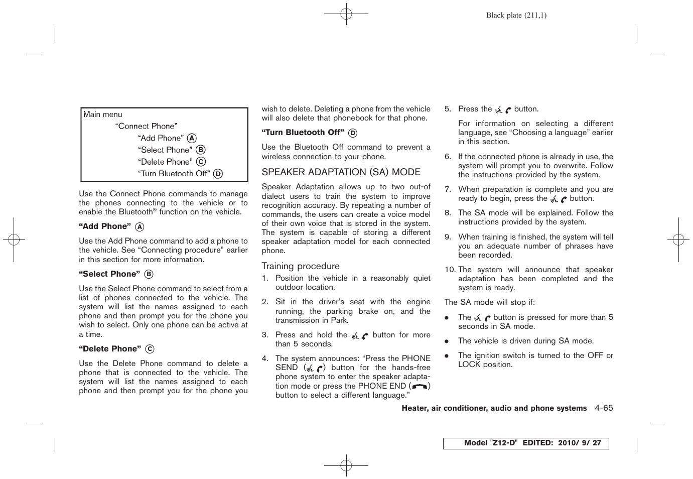 Speaker adaptation (sa) mode -65 | NISSAN 2011 Cube - Owner's Manual User Manual | Page 213 / 345