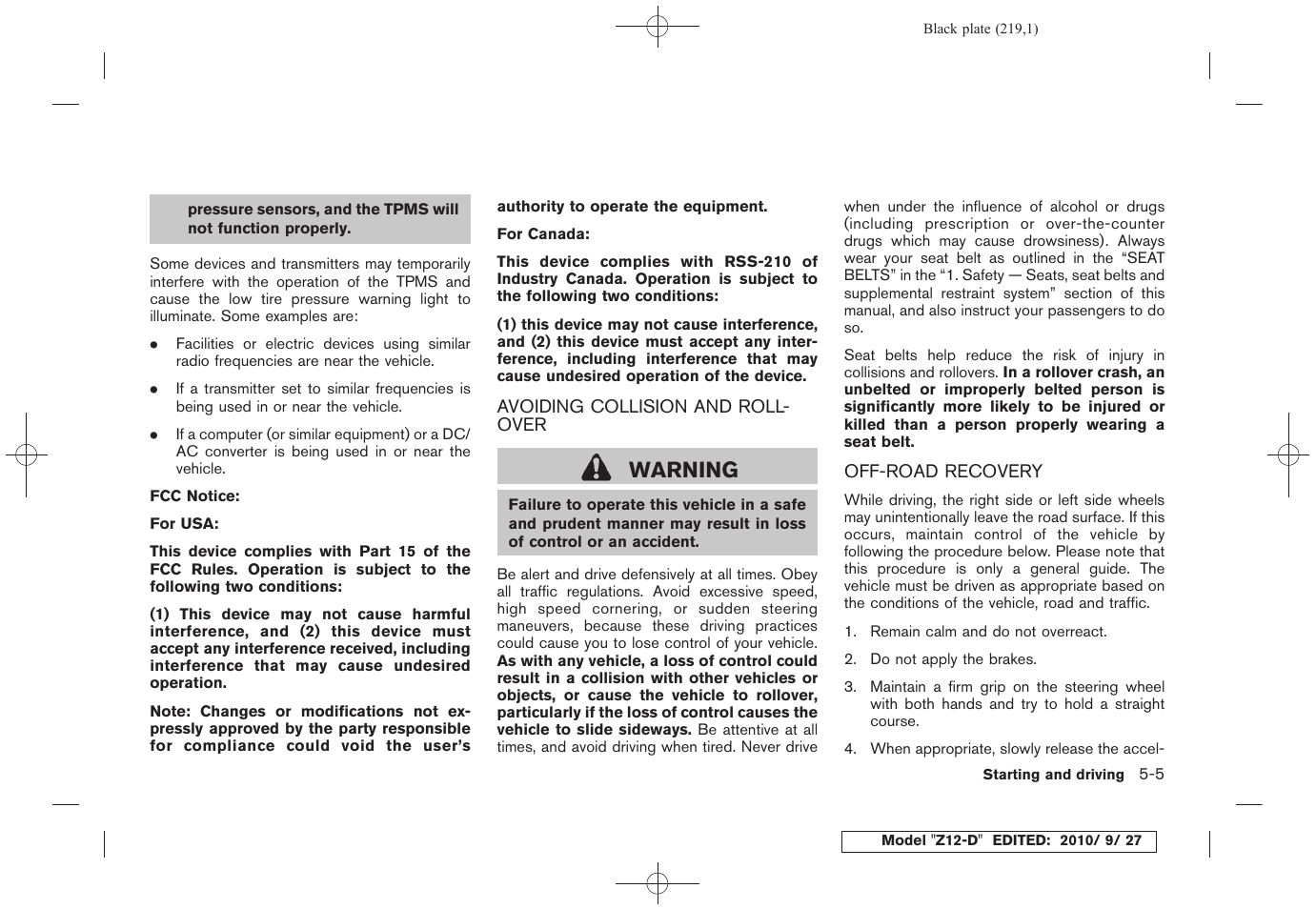 Warning | NISSAN 2011 Cube - Owner's Manual User Manual | Page 221 / 345
