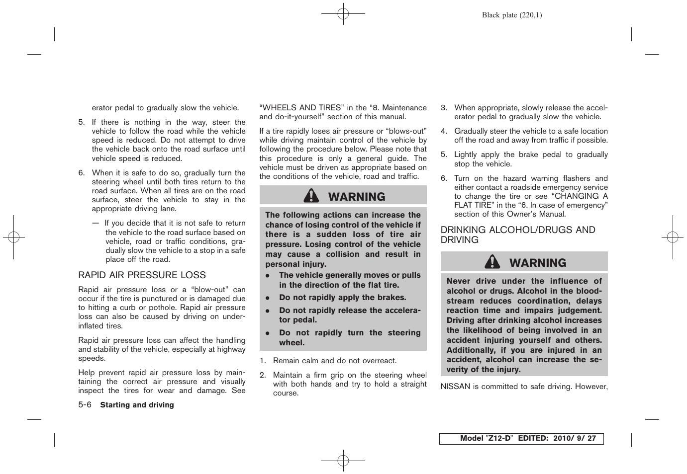 Warning | NISSAN 2011 Cube - Owner's Manual User Manual | Page 222 / 345