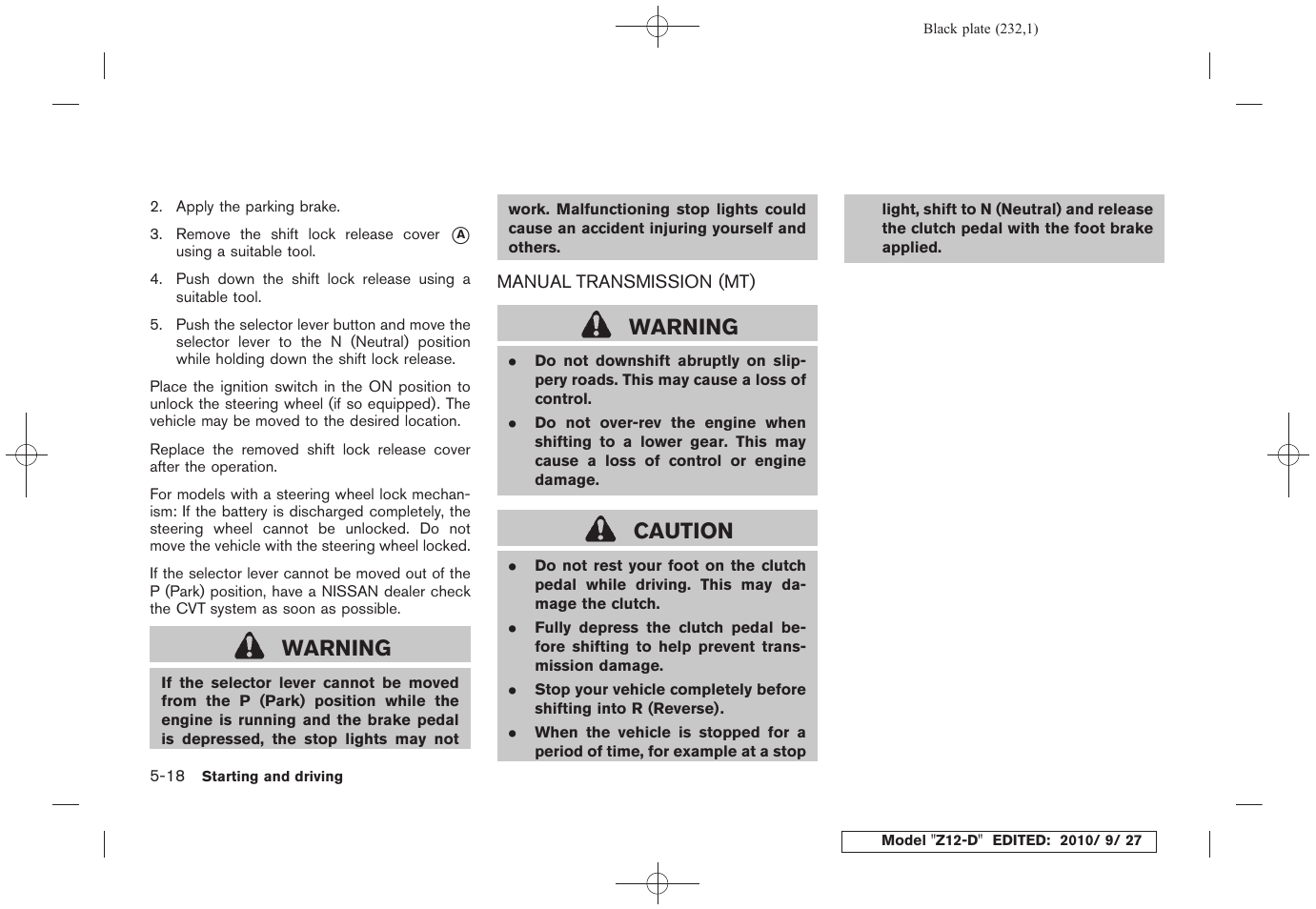Manual transmission (mt) -18, Warning, Caution | NISSAN 2011 Cube - Owner's Manual User Manual | Page 234 / 345