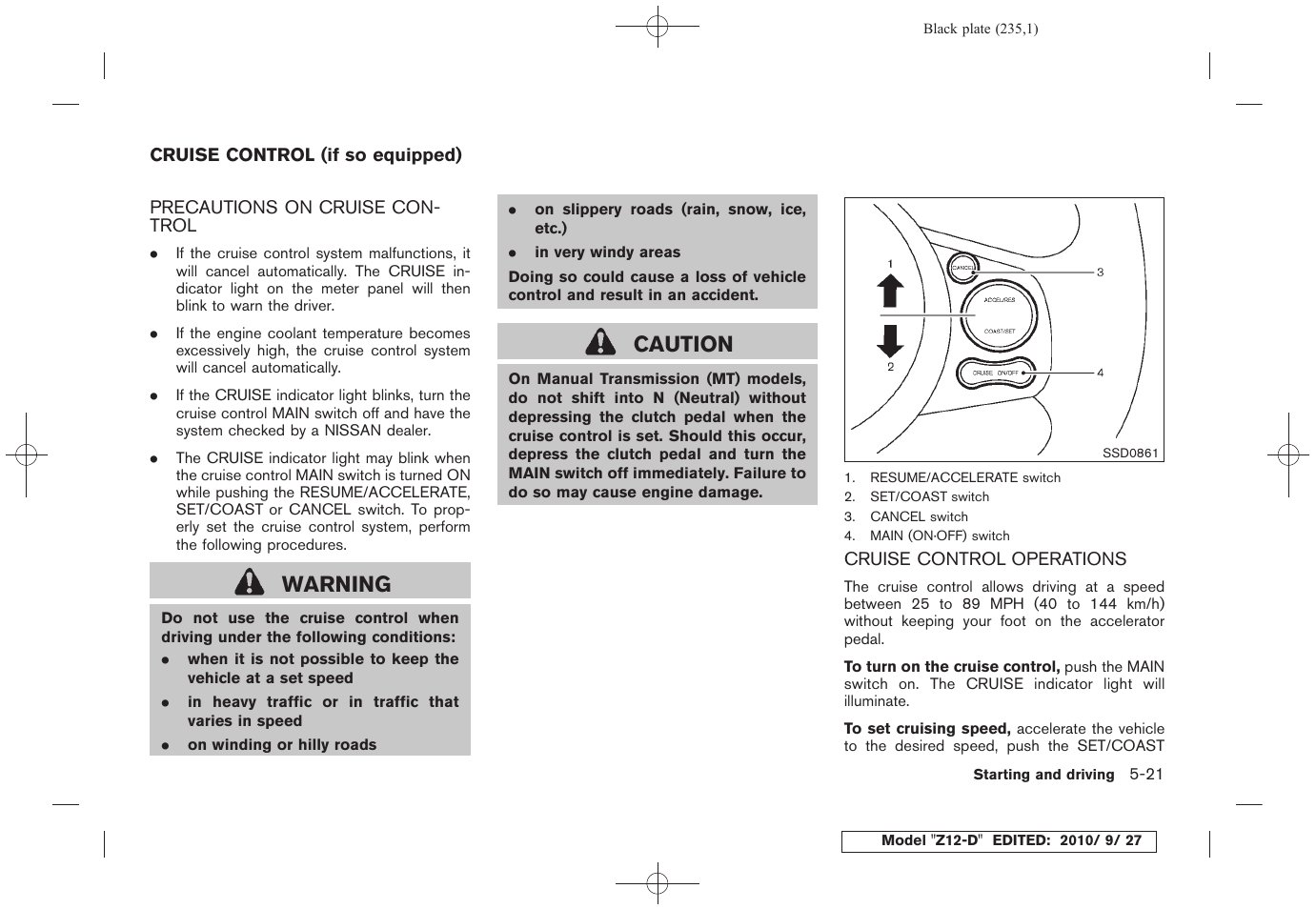 Cruise control (if so equipped) -21, Warning, Caution | NISSAN 2011 Cube - Owner's Manual User Manual | Page 237 / 345