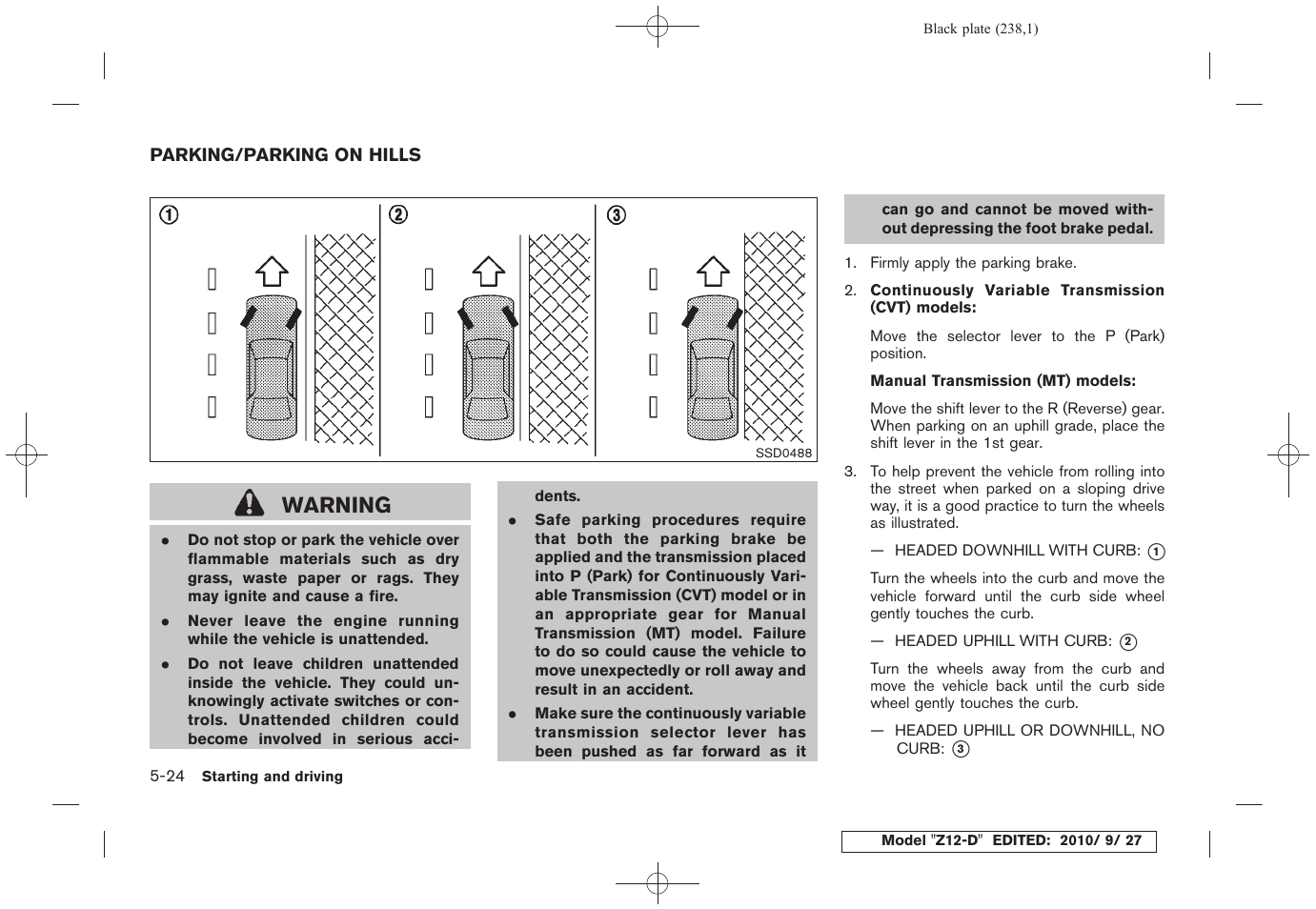 Parking/parking on hills -24, Warning | NISSAN 2011 Cube - Owner's Manual User Manual | Page 240 / 345