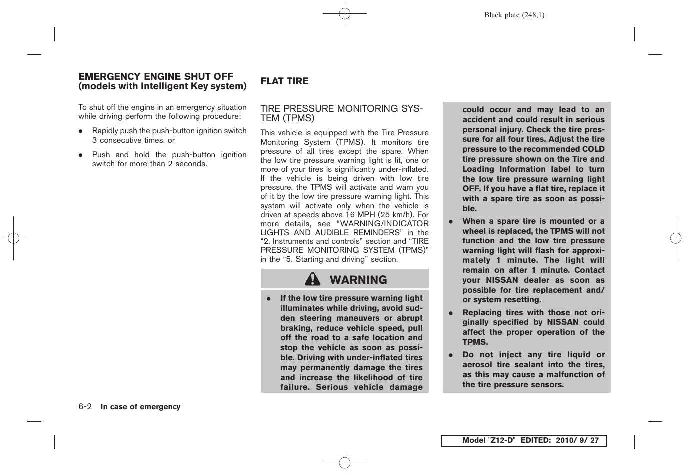 Tire pressure monitoring system (tpms) -2, Warning | NISSAN 2011 Cube - Owner's Manual User Manual | Page 250 / 345