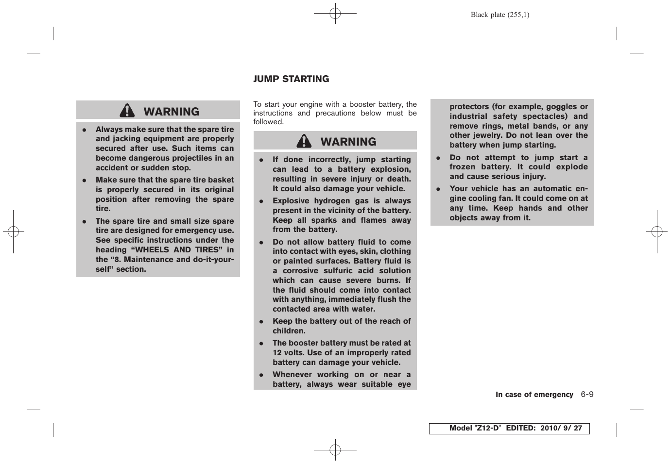 Jump starting -9, Warning | NISSAN 2011 Cube - Owner's Manual User Manual | Page 257 / 345