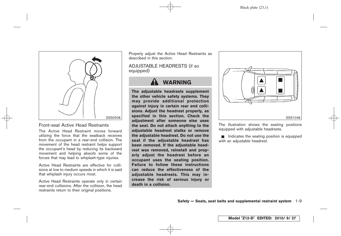Adjustable headrests (if so equipped) -9, Warning | NISSAN 2011 Cube - Owner's Manual User Manual | Page 27 / 345