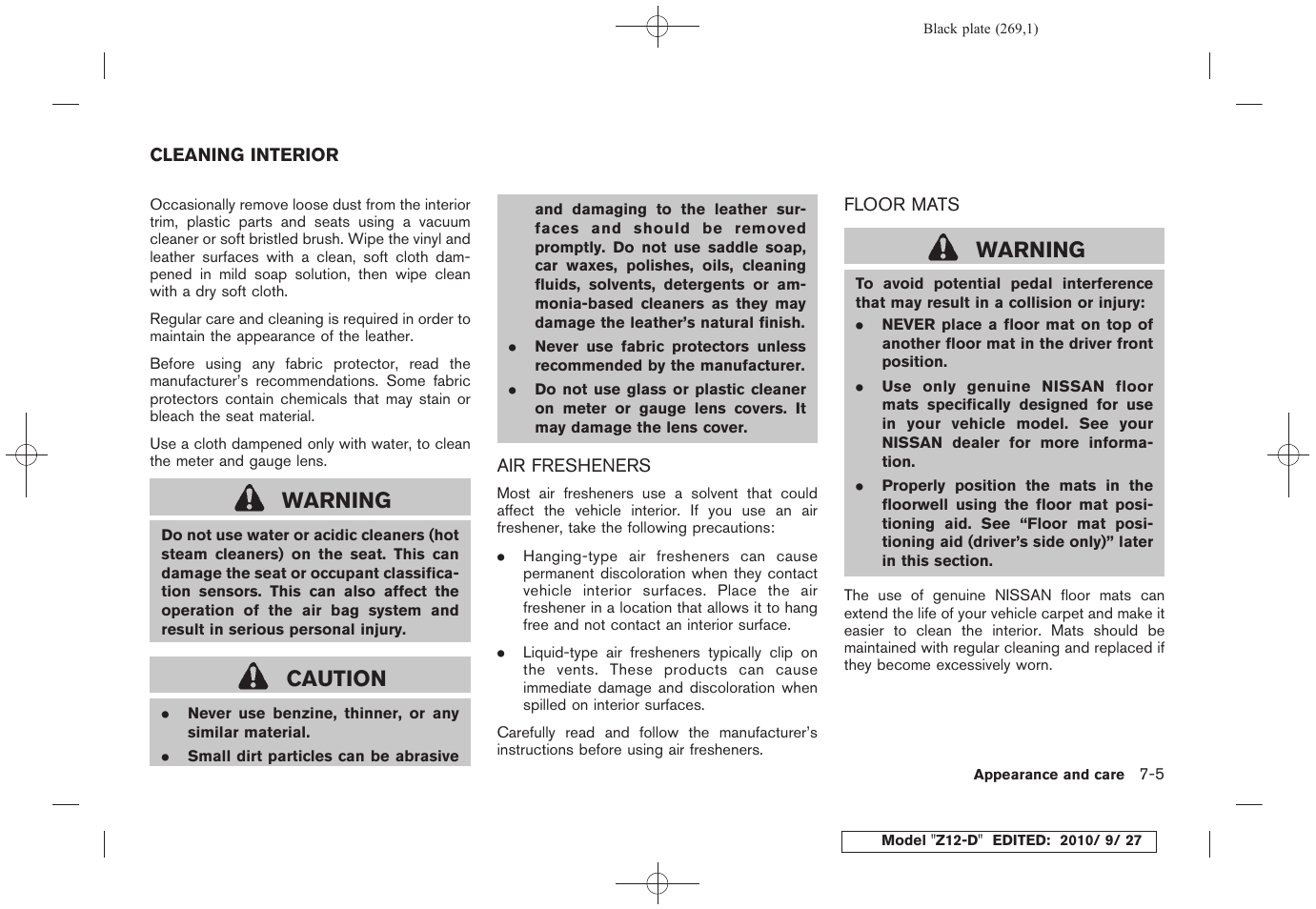 Cleaning interior -5, Air fresheners -5 floor mats -5, Warning | Caution | NISSAN 2011 Cube - Owner's Manual User Manual | Page 271 / 345