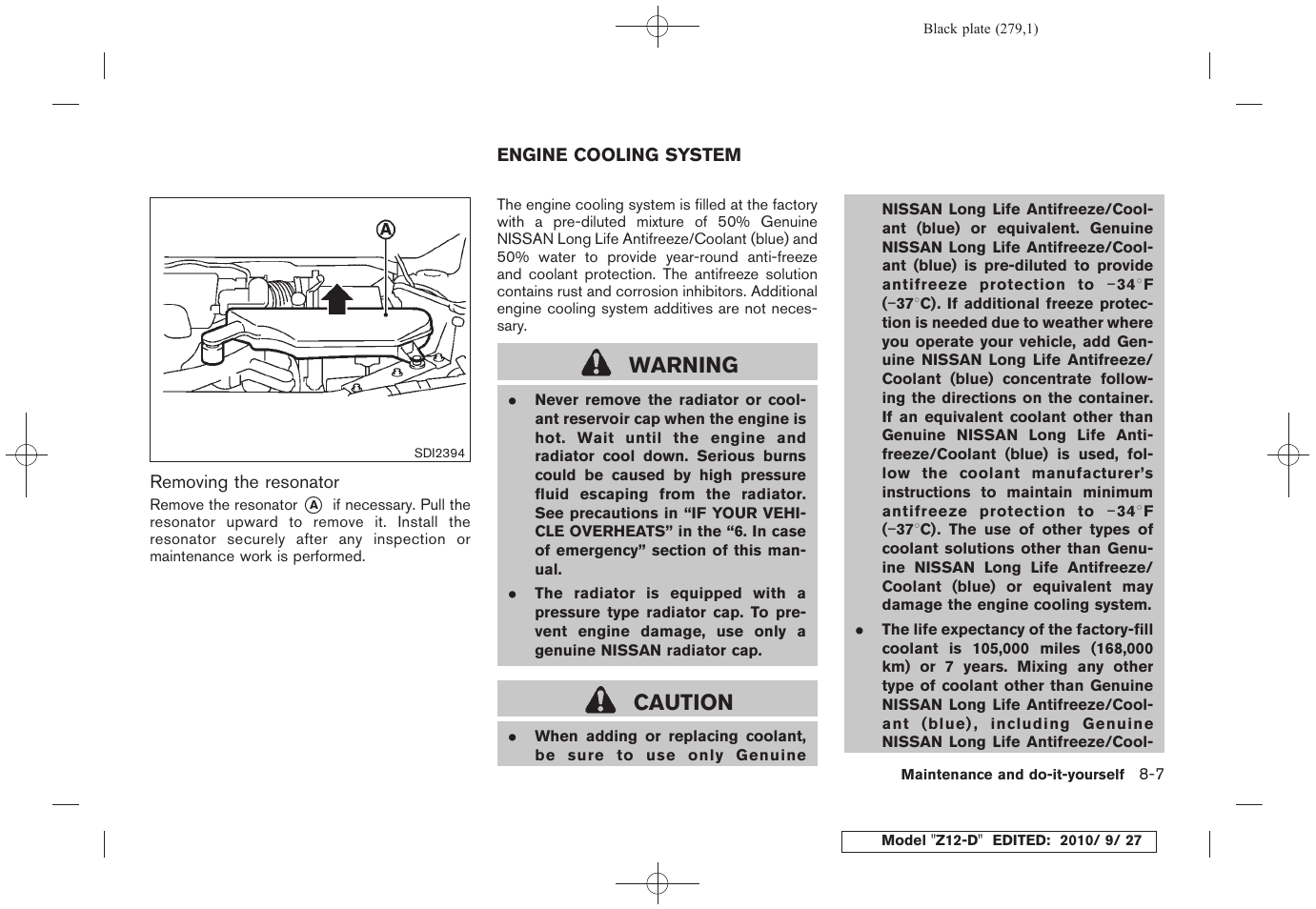 Engine cooling system -7, Warning, Caution | NISSAN 2011 Cube - Owner's Manual User Manual | Page 281 / 345