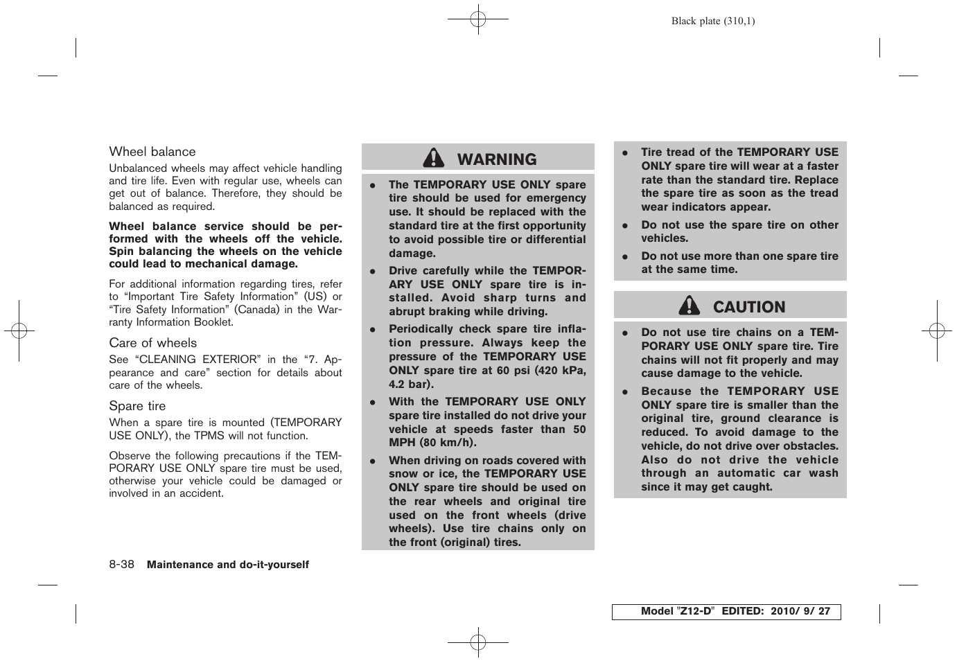 Warning, Caution | NISSAN 2011 Cube - Owner's Manual User Manual | Page 312 / 345