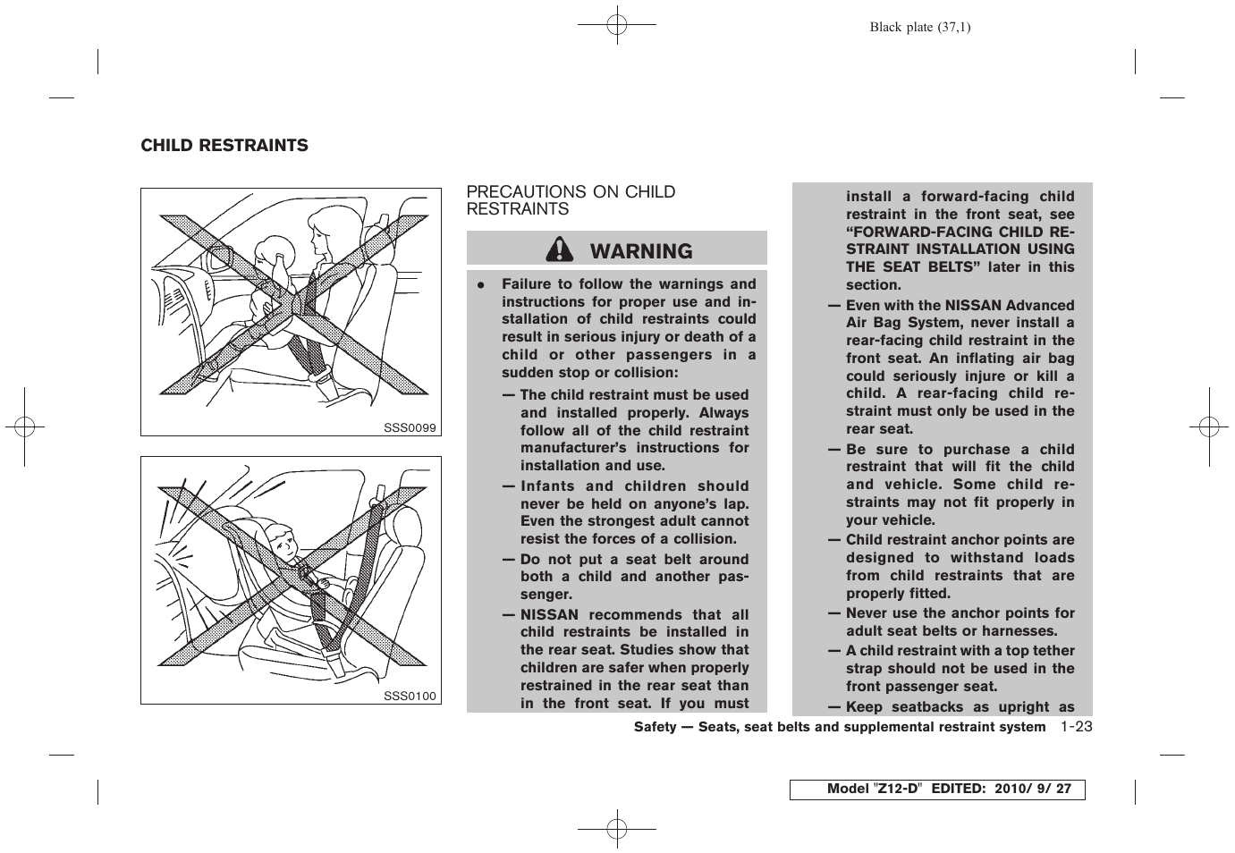 Child restraints -23, Precautions on child restraints -23, Warning | NISSAN 2011 Cube - Owner's Manual User Manual | Page 41 / 345