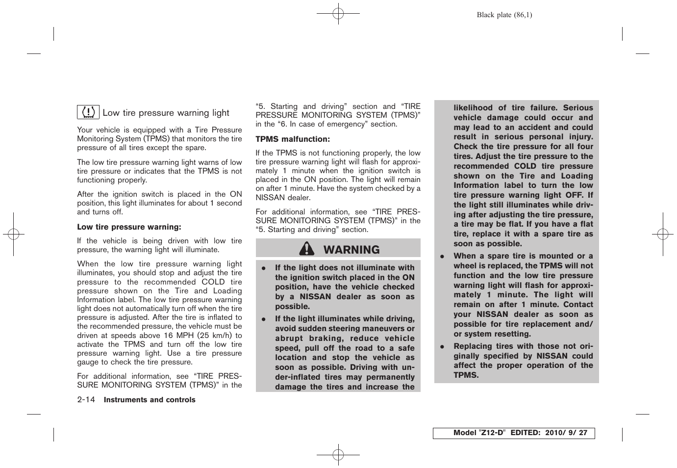 Warning | NISSAN 2011 Cube - Owner's Manual User Manual | Page 88 / 345