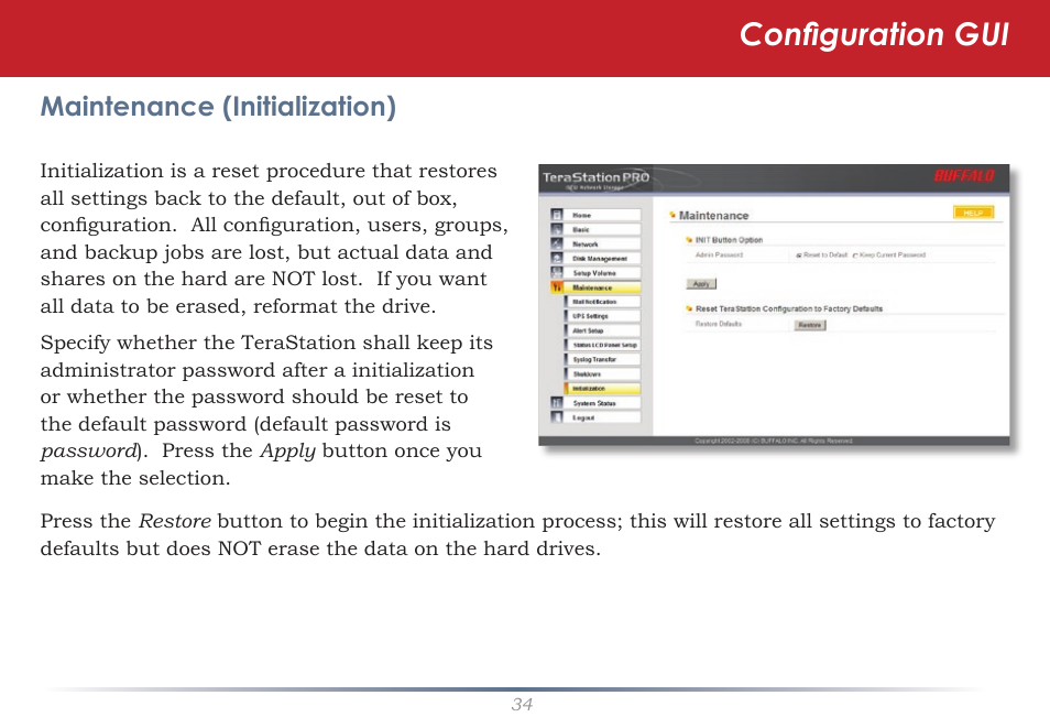 Configuration gui, Maintenance (initialization) | Buffalo Technology TeraStation iSCSI TS-RITGL/R5 User Manual | Page 34 / 51