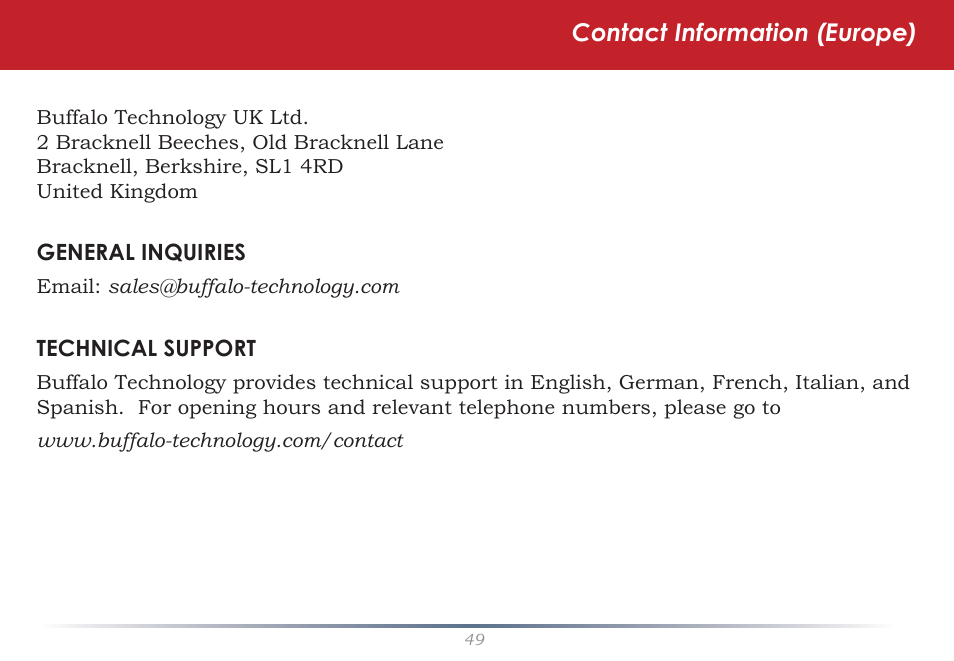 Contact information (europe) | Buffalo Technology TeraStation iSCSI TS-RITGL/R5 User Manual | Page 49 / 51