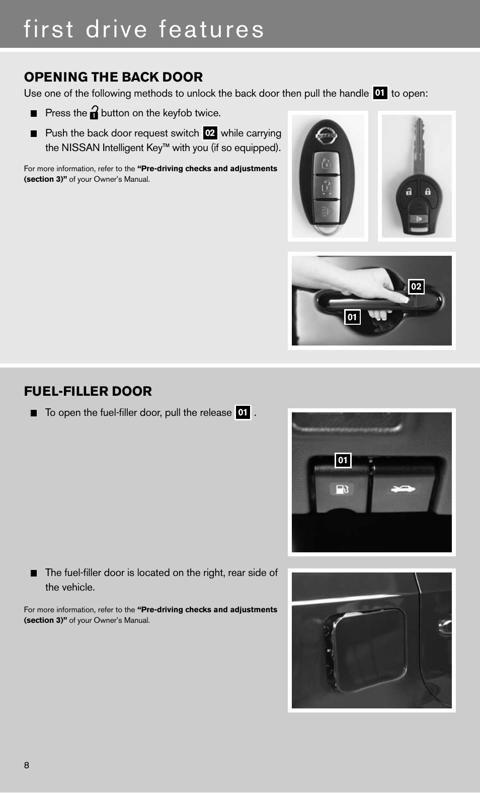 First drive features, Opening the back door, Fuel-filler door | NISSAN 2011 Cube - Quick Reference Guide User Manual | Page 10 / 12