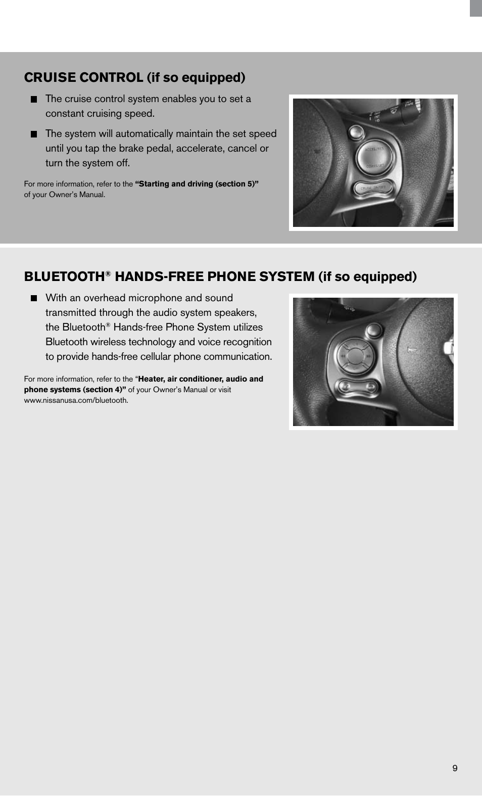 System guide, Bluetooth, Hands-free phone system (if so equipped) | Cruise control (if so equipped) | NISSAN 2011 Cube - Quick Reference Guide User Manual | Page 11 / 12