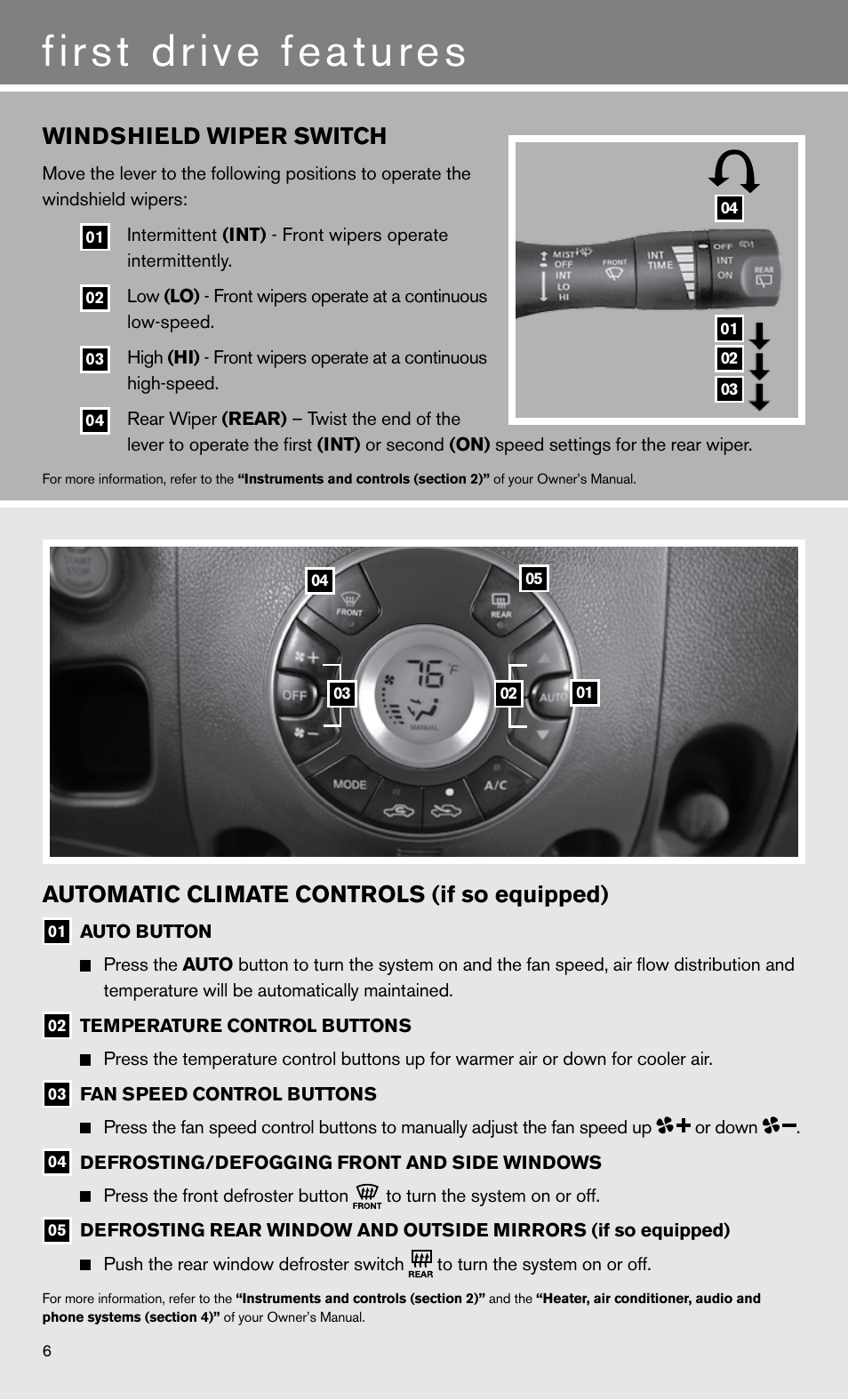 First drive features, Windshield wiper switch, Automatic climate controls (if so equipped) | NISSAN 2011 Cube - Quick Reference Guide User Manual | Page 8 / 12