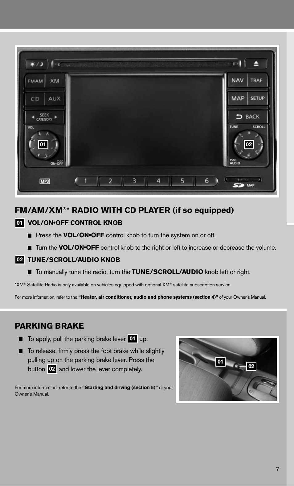 Parking brake, Fm/am/xm, Radio with cd player (if so equipped) | NISSAN 2011 Cube - Quick Reference Guide User Manual | Page 9 / 12
