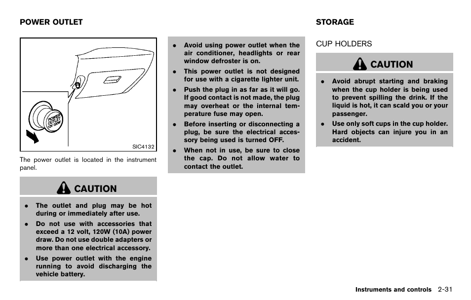 Power outlet -31 storage -31, Cup holders -31, Caution | NISSAN 2012 Cube - Owner's Manual User Manual | Page 103 / 331