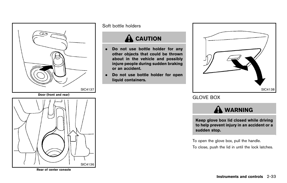 Glove box -33, Caution, Warning | NISSAN 2012 Cube - Owner's Manual User Manual | Page 105 / 331