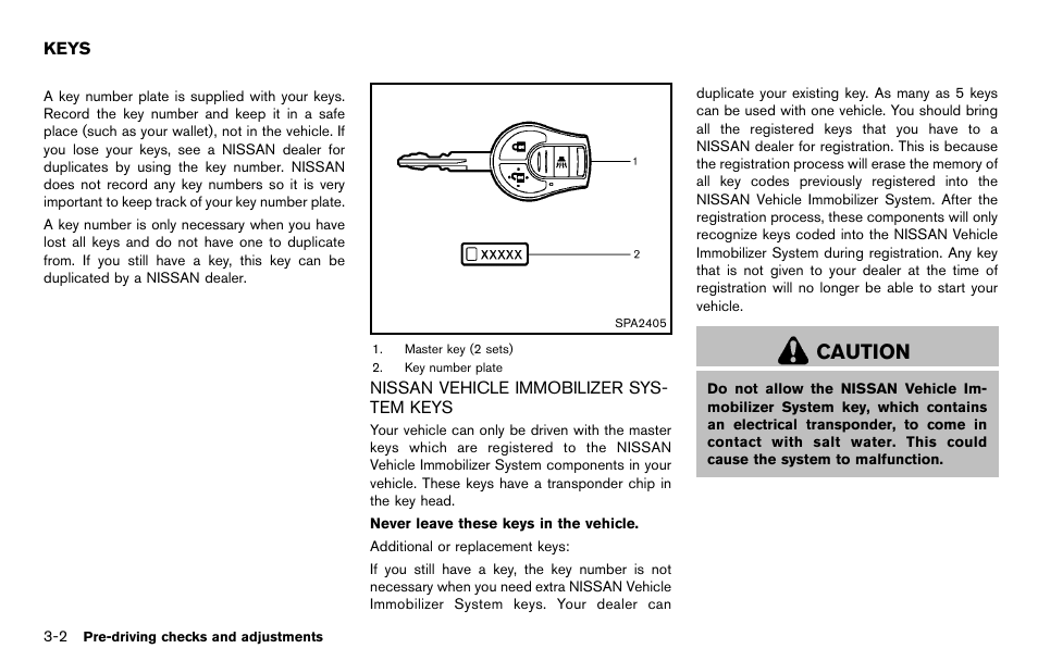 Keys -2, Nissan vehicle immobilizer system keys -2, Caution | NISSAN 2012 Cube - Owner's Manual User Manual | Page 114 / 331
