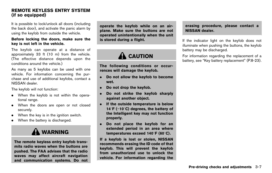 Remote keyless entry system (if so equipped) -7, Warning, Caution | NISSAN 2012 Cube - Owner's Manual User Manual | Page 119 / 331