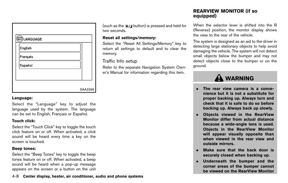 Rearview monitor (if so equipped) -8, Warning | NISSAN 2012 Cube - Owner's Manual User Manual | Page 148 / 331