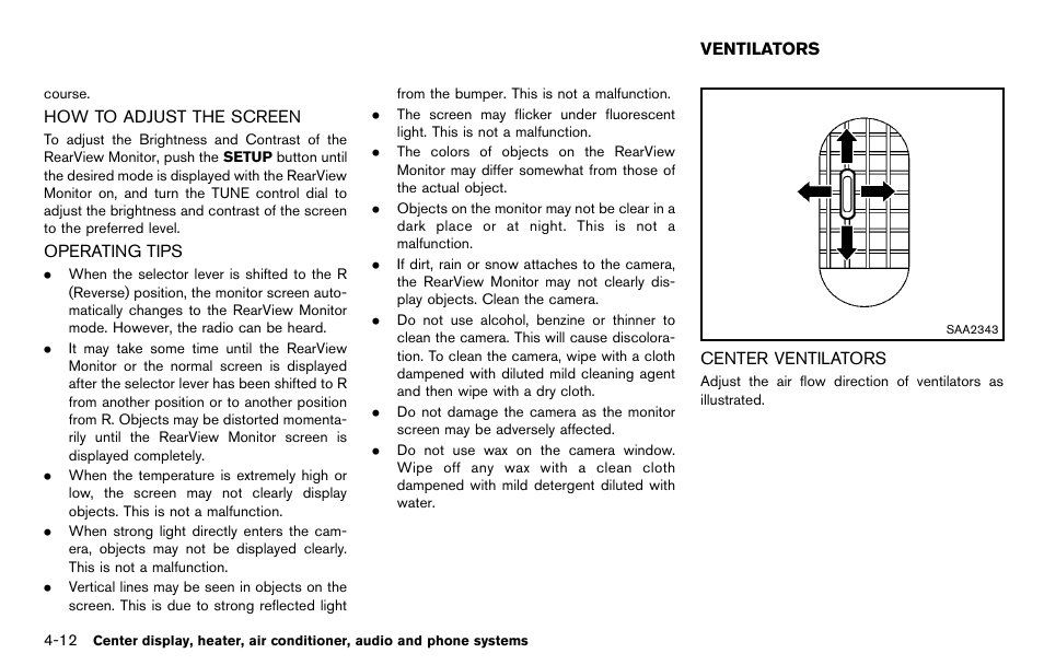 How to adjust the screen -12 operating tips -12, Ventilators -12, Center ventilators -12 | NISSAN 2012 Cube - Owner's Manual User Manual | Page 152 / 331